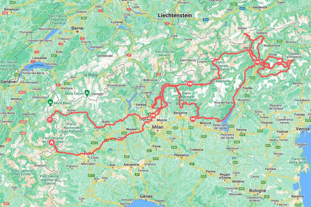 Carte du voyage à moto dans les Dolomites